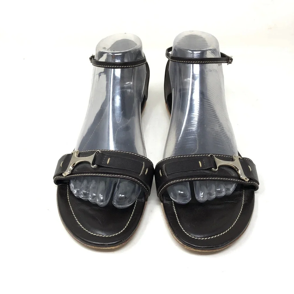 Tods Womens 38 Sandals Black Leather Ankle Strap Silver T-Bar Hardware Flat